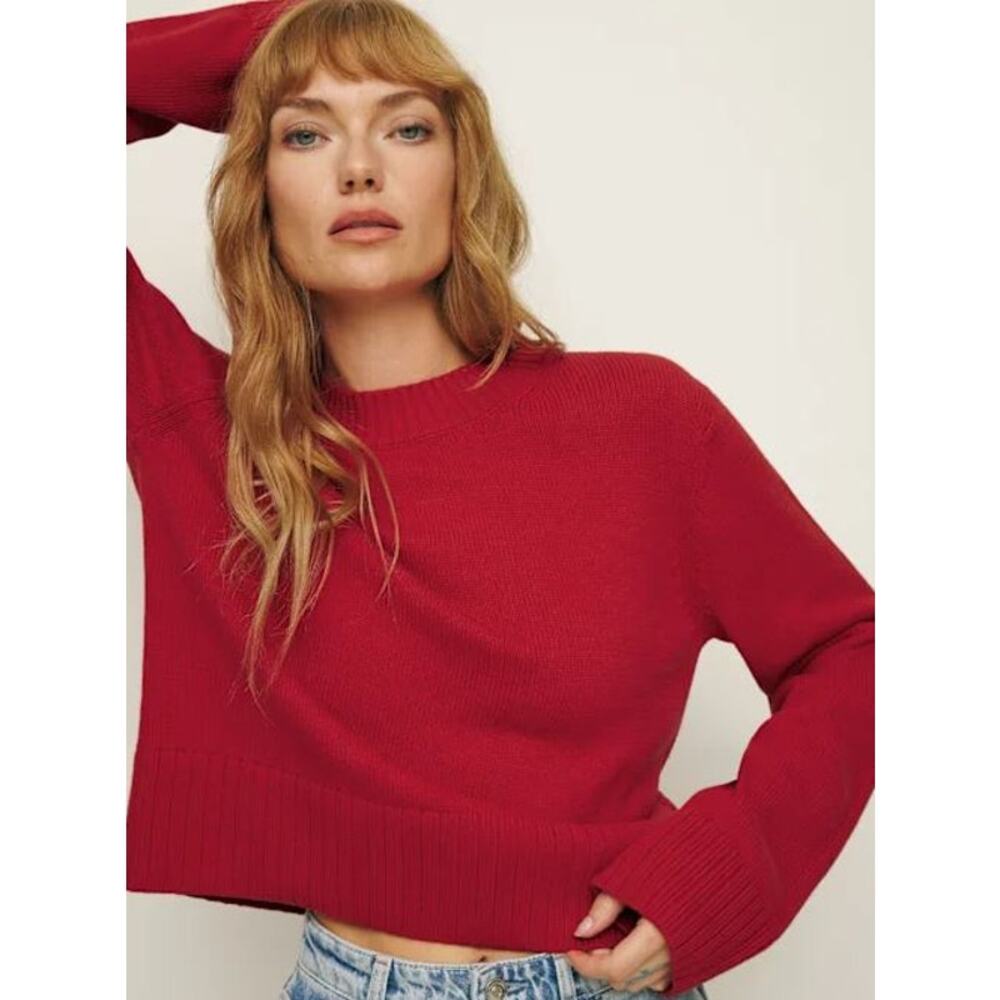 REFORMATION Anna Cotton Crewneck Sweater Relaxed Chunky Knit Pullover Red